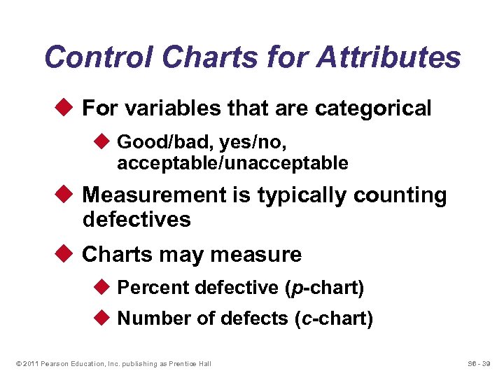 Control Charts for Attributes u For variables that are categorical u Good/bad, yes/no, acceptable/unacceptable