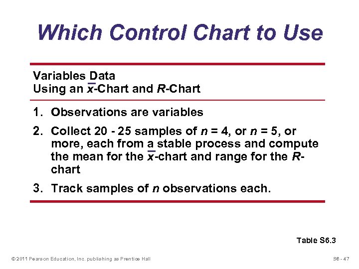 Which Control Chart to Use Variables Data Using an x-Chart and R-Chart 1. Observations