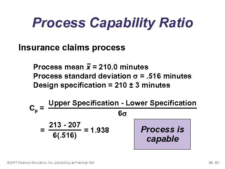 Process Capability Ratio Insurance claims process Process mean x = 210. 0 minutes Process