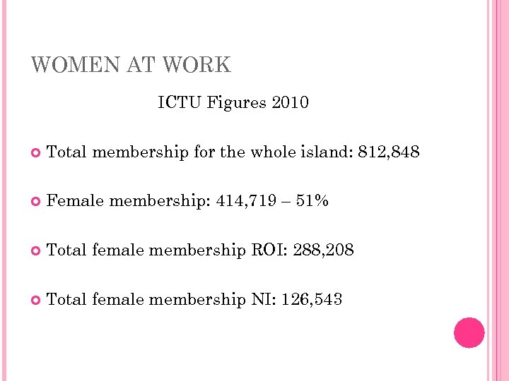 WOMEN AT WORK ICTU Figures 2010 Total membership for the whole island: 812, 848