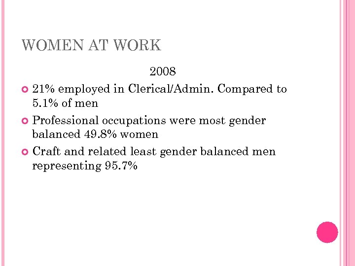 WOMEN AT WORK 2008 21% employed in Clerical/Admin. Compared to 5. 1% of men