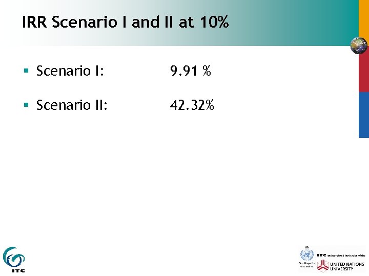 IRR Scenario I and II at 10% § Scenario I: 9. 91 % §