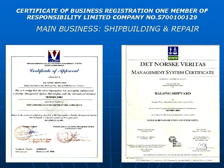 CERTIFICATE OF BUSINESS REGISTRATION ONE MEMBER OF RESPONSIBILITY LIMITED COMPANY NO. 5700100129 MAIN BUSINESS: