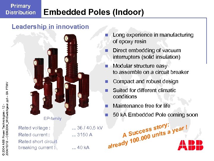 Primary Distribution Embedded Poles (Indoor) Leadership in innovation Suited for different climatic conditions n