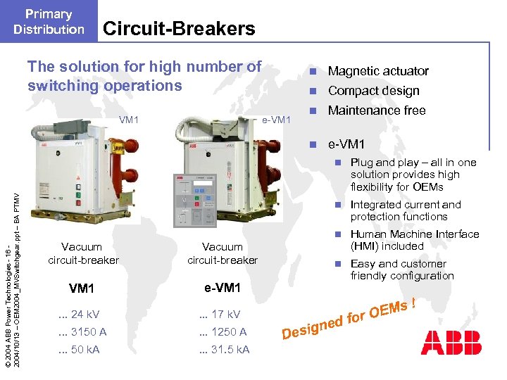 Primary Distribution Circuit-Breakers The solution for high number of switching operations n n Compact