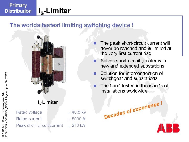 Primary Distribution IS-Limiter The worlds fastest limiting switching device ! The peak short-circuit current