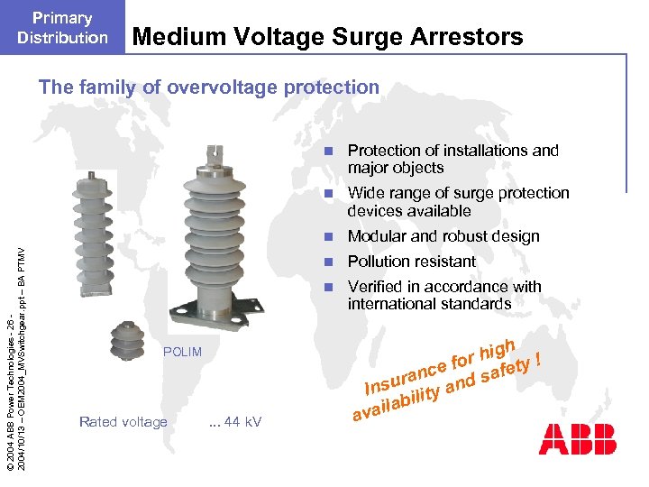 Primary Distribution Medium Voltage Surge Arrestors The family of overvoltage protection Pollution resistant n