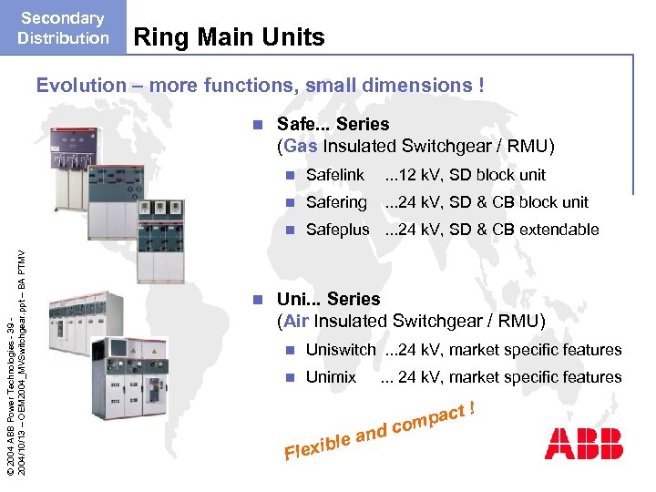 Secondary Distribution Ring Main Units Evolution – more functions, small dimensions ! n Safe.