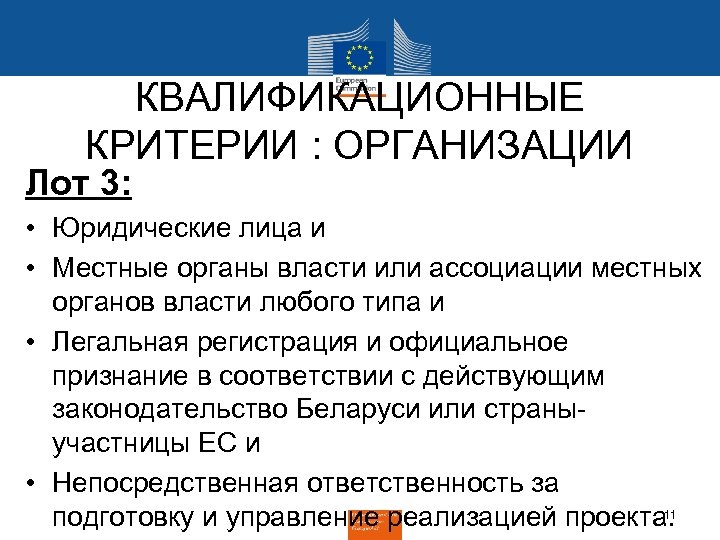 КВАЛИФИКАЦИОННЫЕ КРИТЕРИИ : ОРГАНИЗАЦИИ Лот 3: • Юридические лица и • Местные органы власти