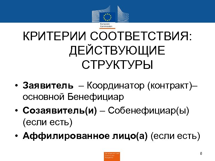 КРИТЕРИИ СООТВЕТСТВИЯ: ДЕЙСТВУЮЩИЕ СТРУКТУРЫ • Заявитель – Координатор (контракт)– основной Бенефициар • Созаявитель(и) –