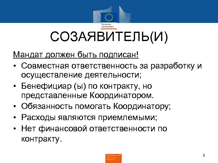 СОЗАЯВИТЕЛЬ(И) Мандат должен быть подписан! • Совместная ответственность за разработку и осуществление деятельности; •