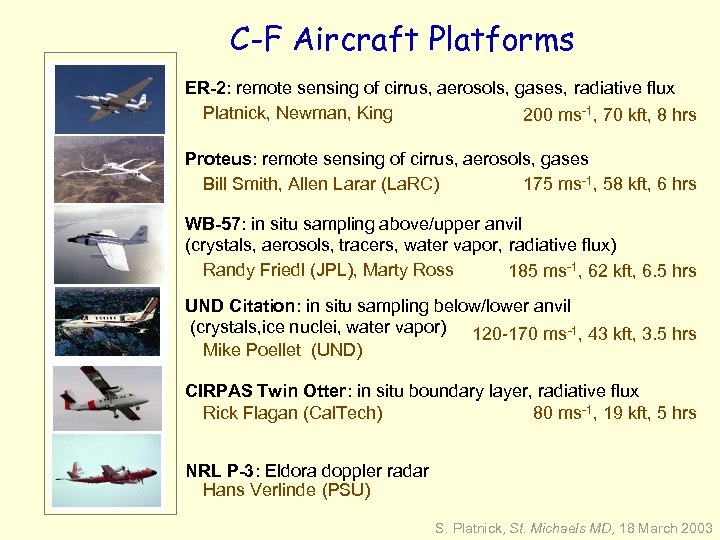 C-F Aircraft Platforms ER-2: remote sensing of cirrus, aerosols, gases, radiative flux Platnick, Newman,