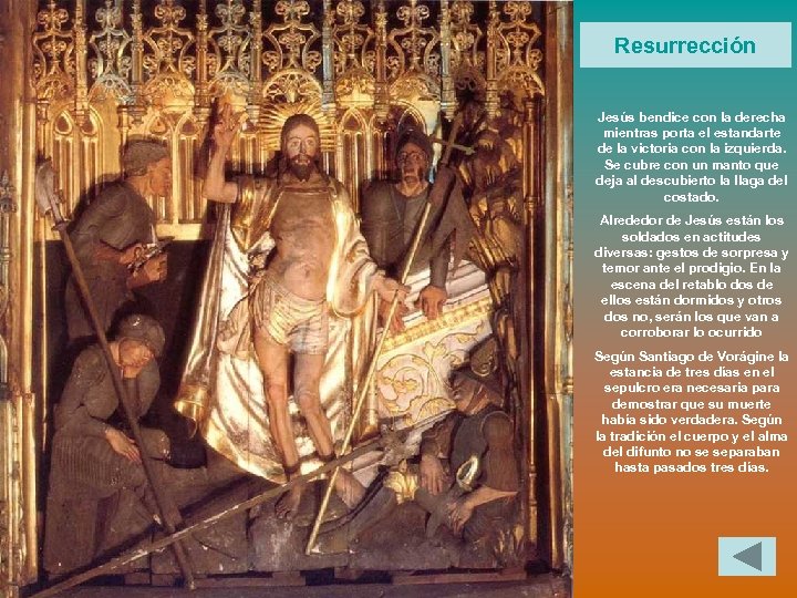 Resurrección Jesús bendice con la derecha mientras porta el estandarte de la victoria con