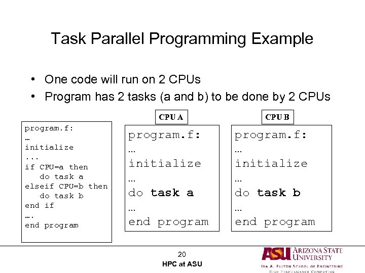 Task Parallel Programming Example • One code will run on 2 CPUs • Program