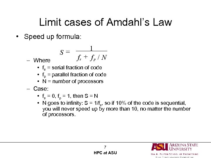 Limit cases of Amdahl’s Law • Speed up formula: S= – Where 1 fs