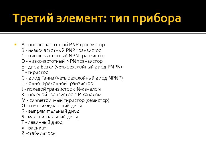 Третий элемент: тип прибора А - высокочастотный PNP транзистор B - низкочастотный PNP транзистор