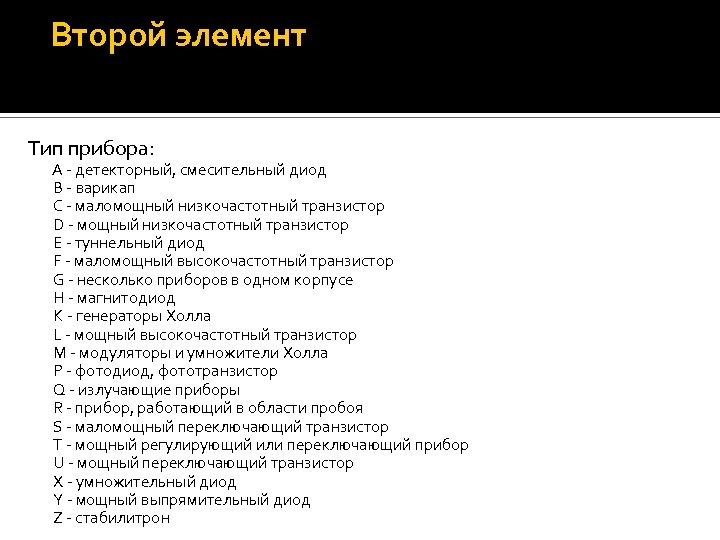 Второй элемент Тип прибора: A - детекторный, смесительный диод В - варикап С -