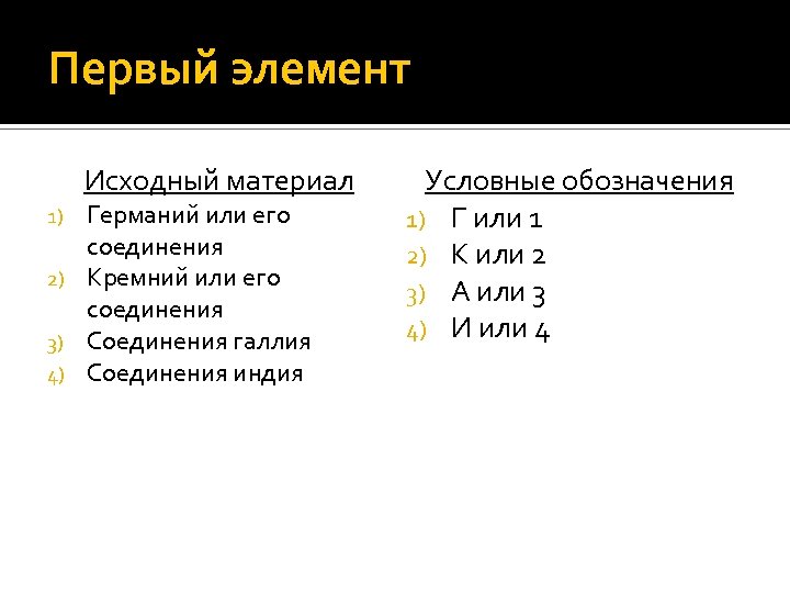 Первый элемент Исходный материал Германий или его соединения 2) Кремний или его соединения 3)