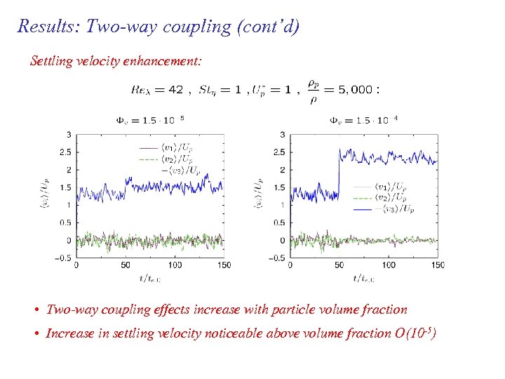Results: Two-way coupling (cont’d) Settling velocity enhancement: • Two-way coupling effects increase with particle