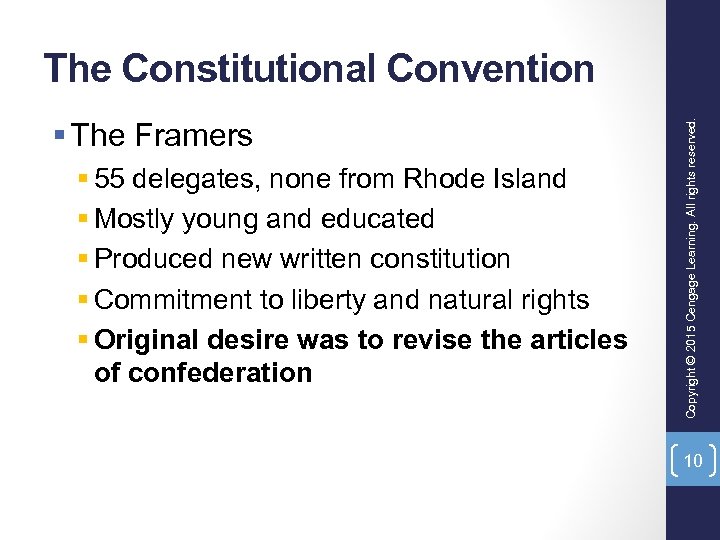 § The Framers § 55 delegates, none from Rhode Island § Mostly young and