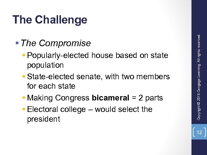 § The Compromise § Popularly-elected house based on state population § State-elected senate, with