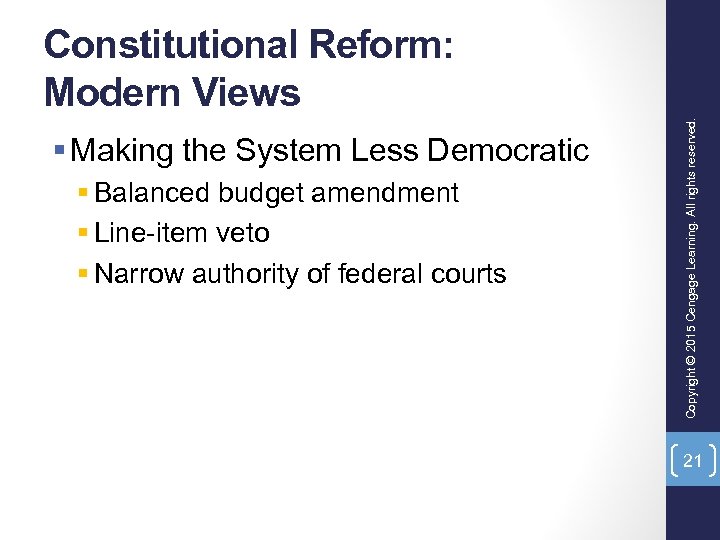 § Making the System Less Democratic § Balanced budget amendment § Line-item veto §