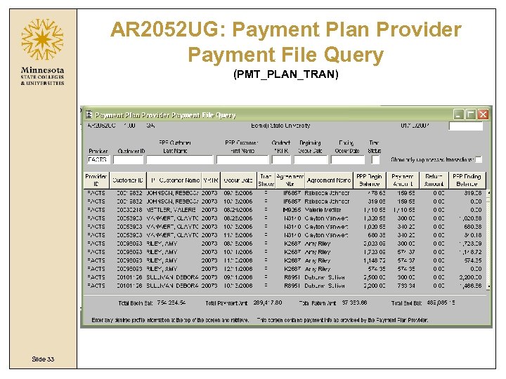 AR 2052 UG: Payment Plan Provider Payment File Query (PMT_PLAN_TRAN) Slide 33 