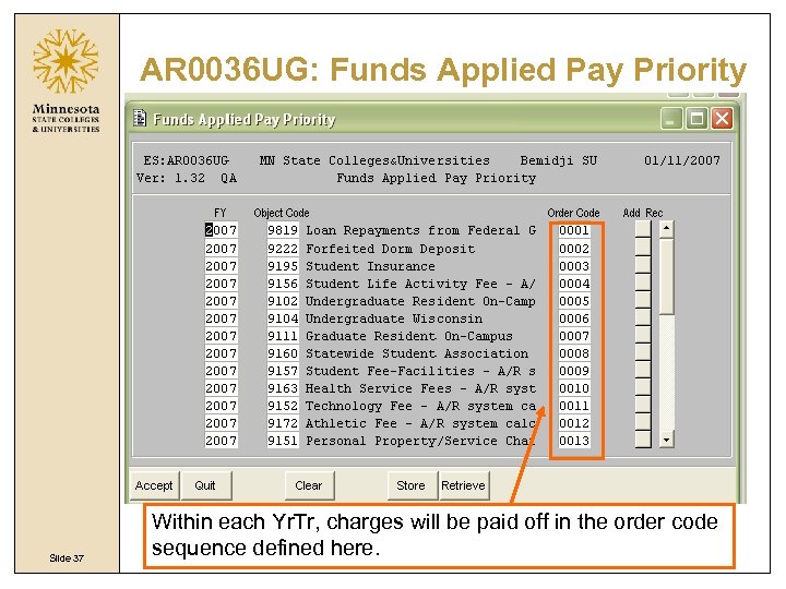 AR 0036 UG: Funds Applied Pay Priority Slide 37 Within each Yr. Tr, charges