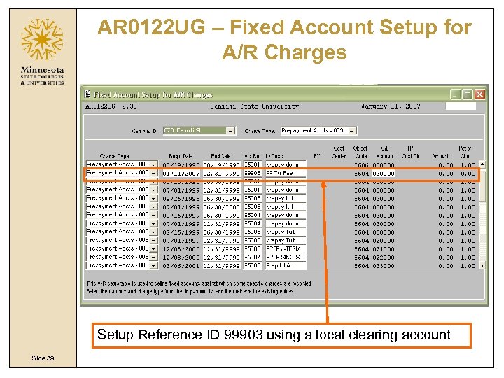 AR 0122 UG – Fixed Account Setup for A/R Charges Setup Reference ID 99903