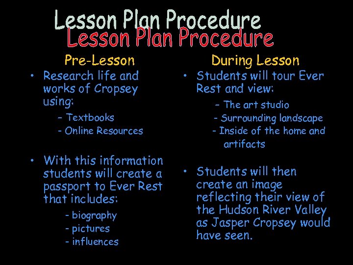 Pre-Lesson • Research life and works of Cropsey using: - Textbooks - Online Resources