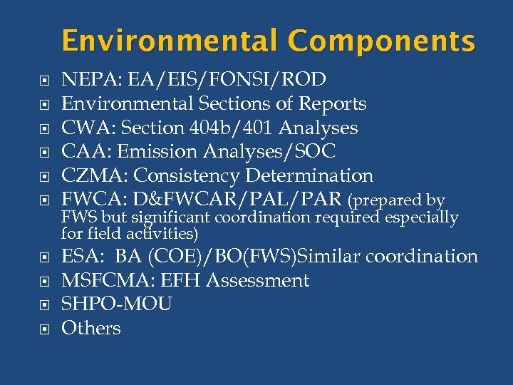 Environmental Components NEPA: EA/EIS/FONSI/ROD Environmental Sections of Reports CWA: Section 404 b/401 Analyses CAA:
