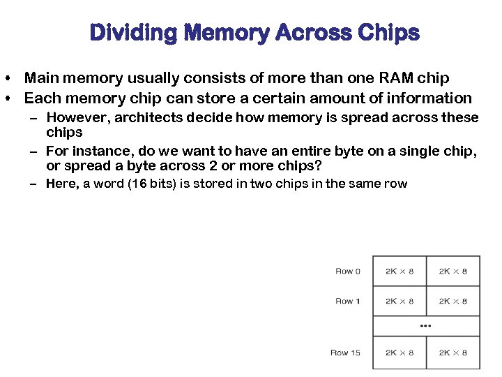 Dividing Memory Across Chips • Main memory usually consists of more than one RAM