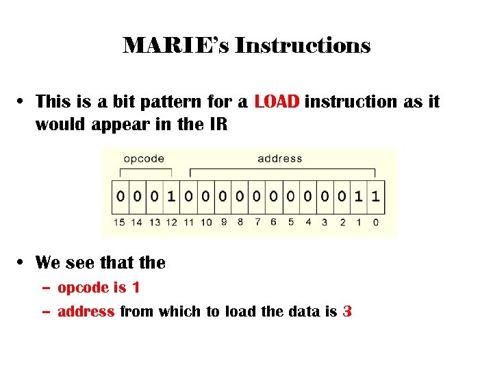MARIE’s Instructions • This is a bit pattern for a LOAD instruction as it