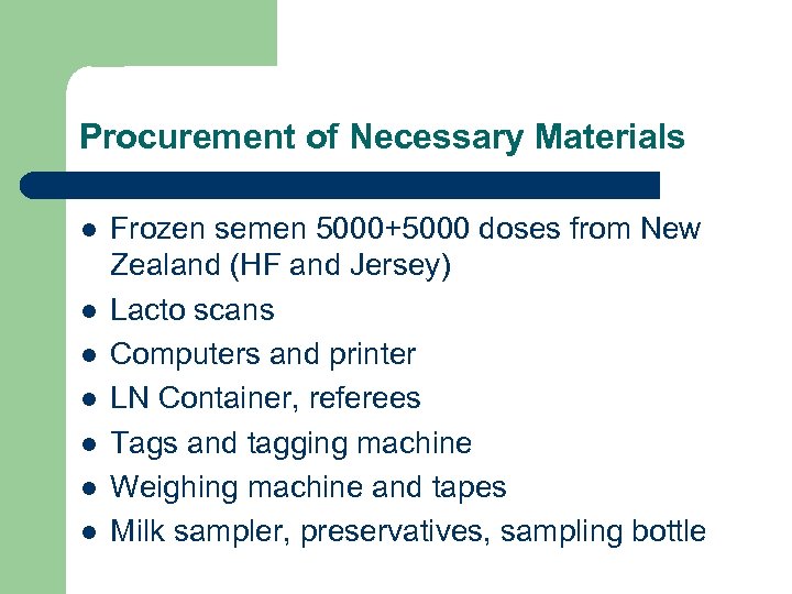 Procurement of Necessary Materials l l l l Frozen semen 5000+5000 doses from New