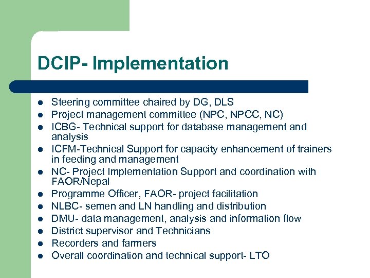 DCIP- Implementation l l l Steering committee chaired by DG, DLS Project management committee