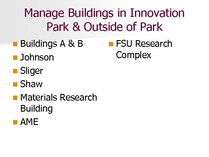 Manage Buildings in Innovation Park & Outside of Park n Buildings A&B n Johnson