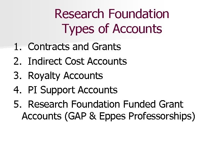 Research Foundation Types of Accounts 1. Contracts and Grants 2. Indirect Cost Accounts 3.