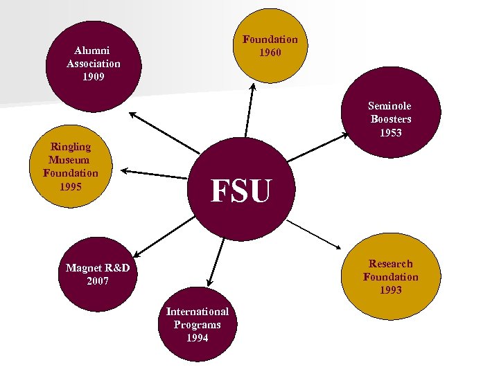 Foundation 1960 Alumni Association 1909 Seminole Boosters 1953 Ringling Museum Foundation 1995 FSU Research