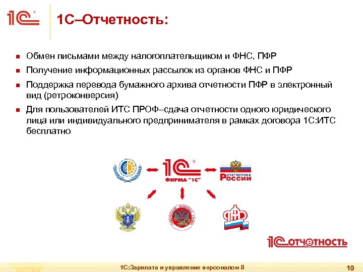 1 С–Отчетность: n Обмен письмами между налогоплательщиком и ФНС, ПФР n Получение информационных рассылок
