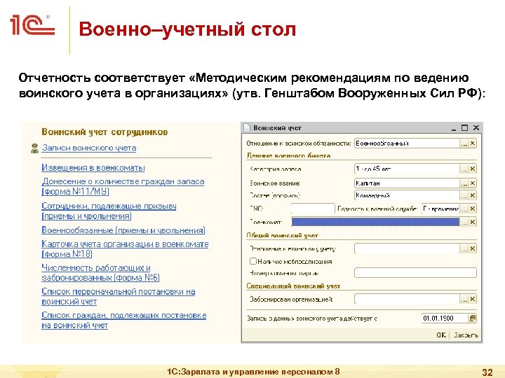 Военно–учетный стол Отчетность соответствует «Методическим рекомендациям по ведению воинского учета в организациях» (утв. Генштабом