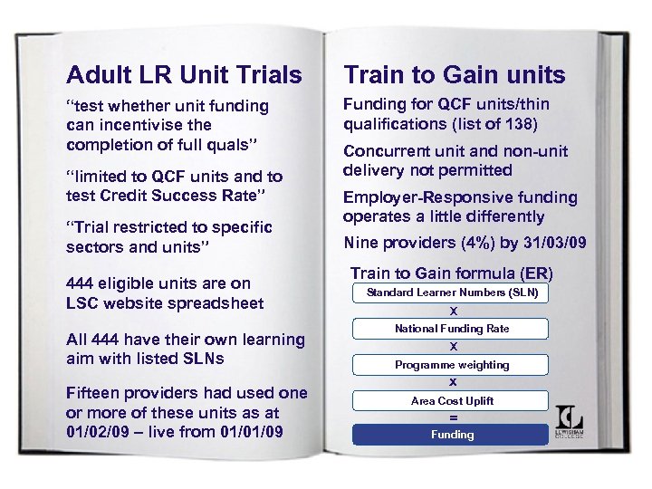 Adult LR Unit Trials Train to Gain units “test whether unit funding can incentivise