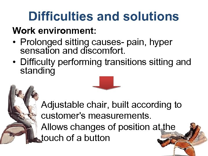 Difficulties and solutions Work environment: • Prolonged sitting causes- pain, hyper sensation and discomfort.