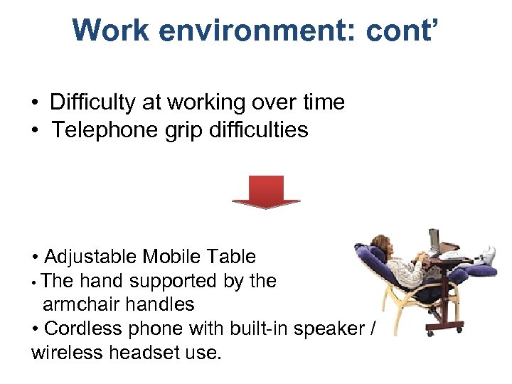 Work environment: cont’ • Difficulty at working over time • Telephone grip difficulties •