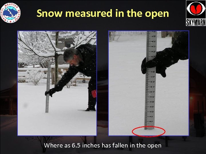 Snow measured in the open Where as 6. 5 inches has fallen in the