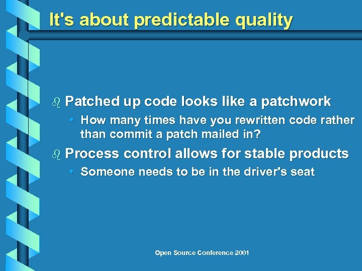 It's about predictable quality b Patched up code looks like a patchwork • How