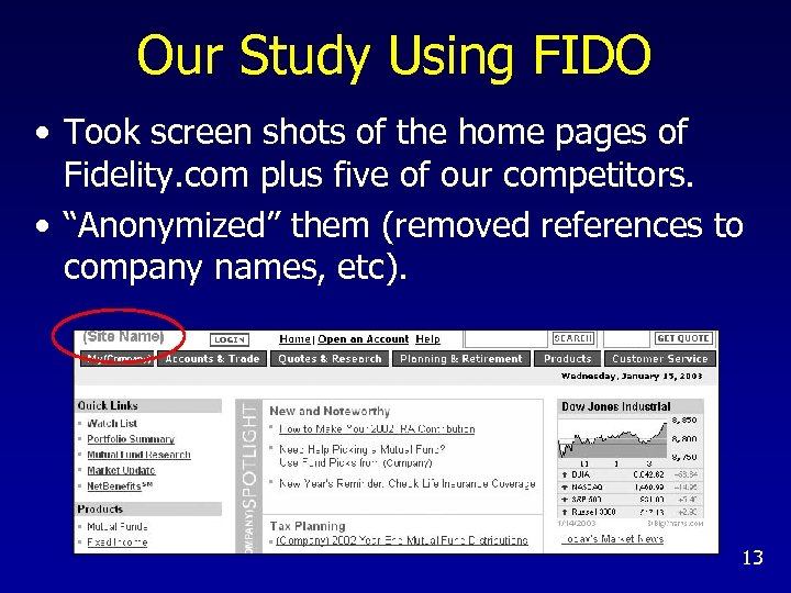 Our Study Using FIDO • Took screen shots of the home pages of Fidelity.