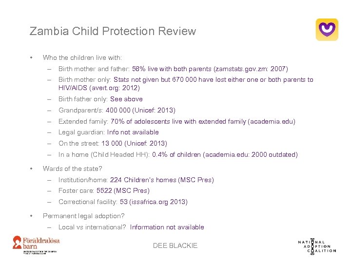 Zambia Child Protection Review • Who the children live with: – Birth mother and
