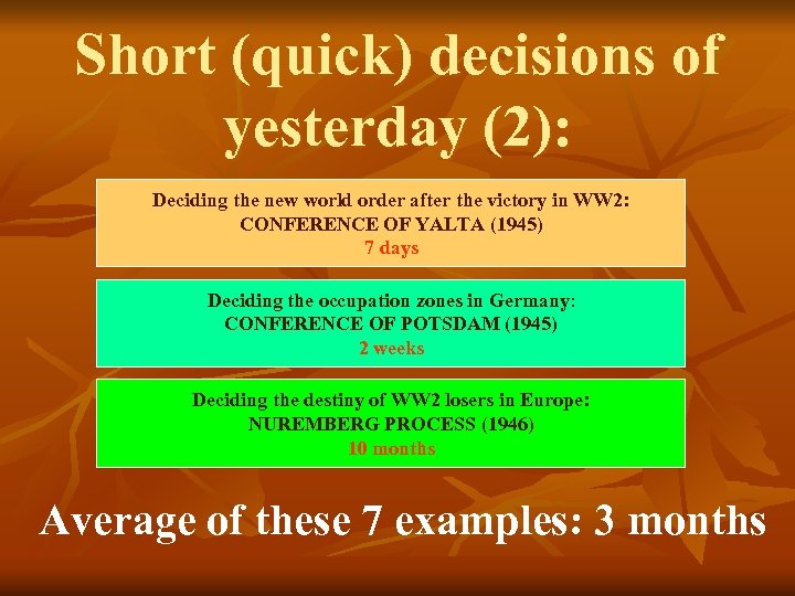 Short (quick) decisions of yesterday (2): Deciding the new world order after the victory