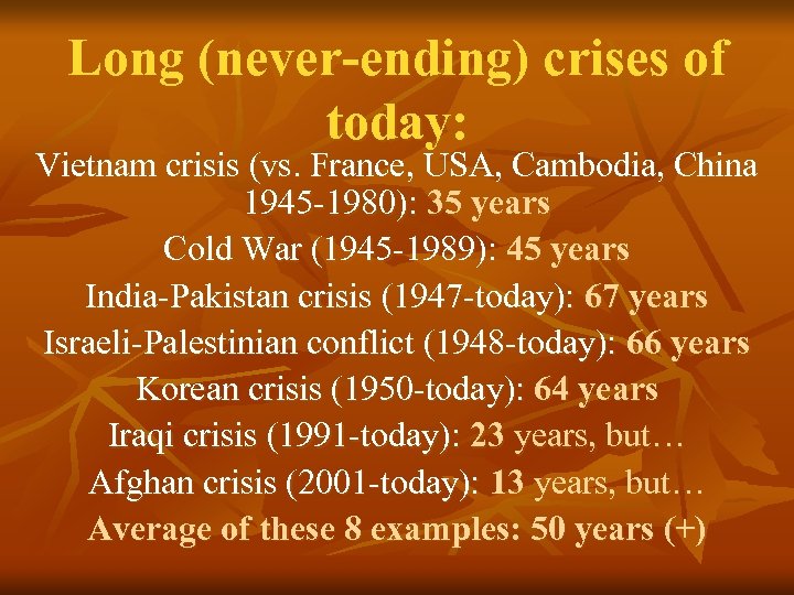 Long (never-ending) crises of today: Vietnam crisis (vs. France, USA, Cambodia, China 1945 -1980):