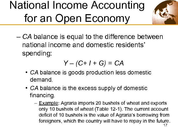 National Income Accounting for an Open Economy – CA balance is equal to the